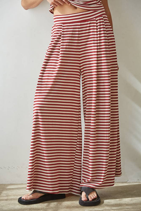Knit Spandex Striped Wide Leg Pants Maroon+Cream (Set Option)