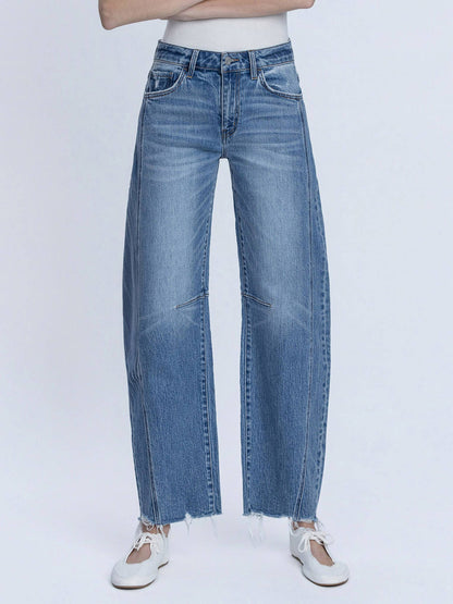 HIGH RISE RAW HEM SEAM DETAIL BARREL JEANS