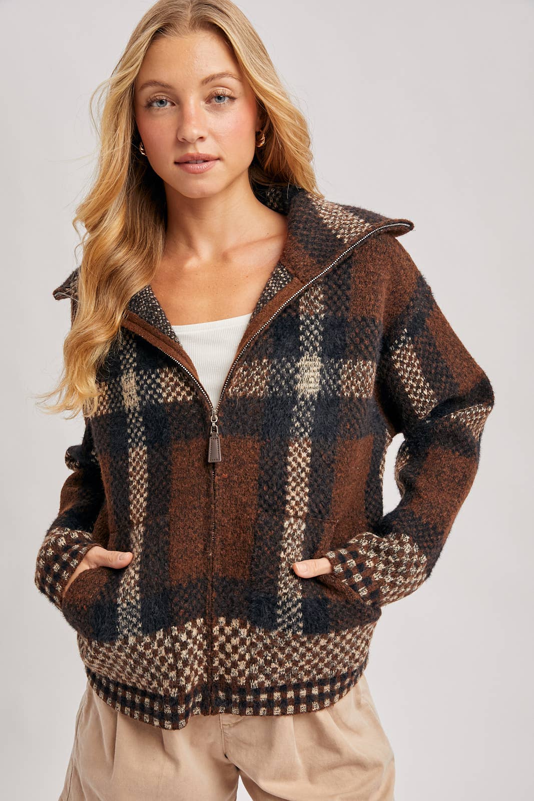 Plaid Wide Collar Zip Sweater