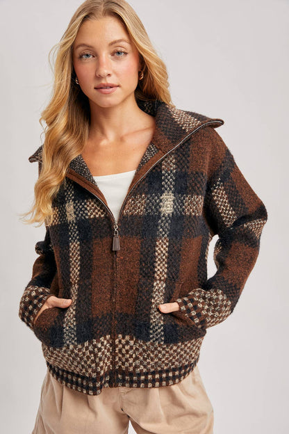 Plaid Wide Collar Zip Sweater