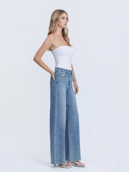 SUPER HIGH RISE MEDIUM WASH RAW HEM WIDE LEG