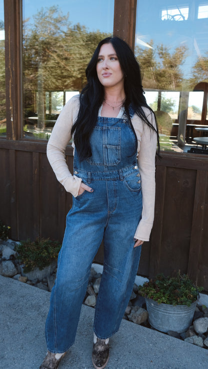 DENIM BARREL OVERALLS BLUE