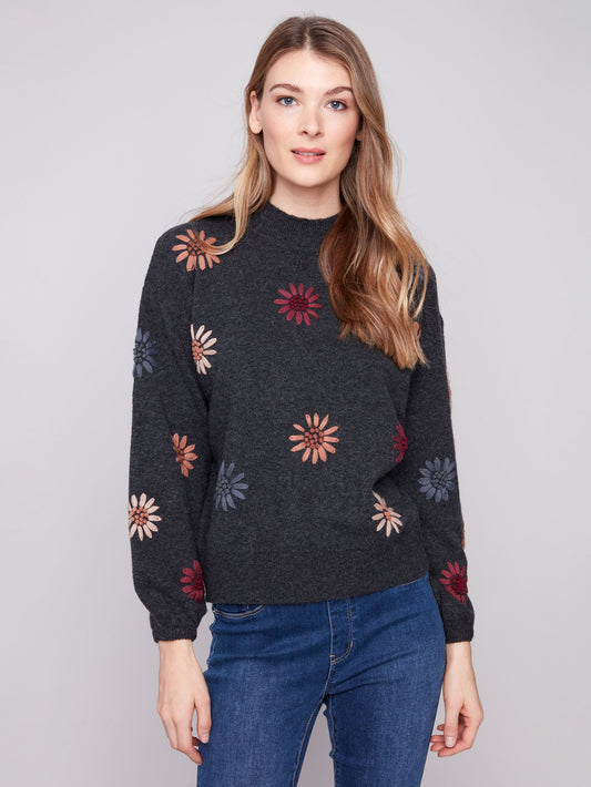 Mock Neck Sweater W Floral Embroidery