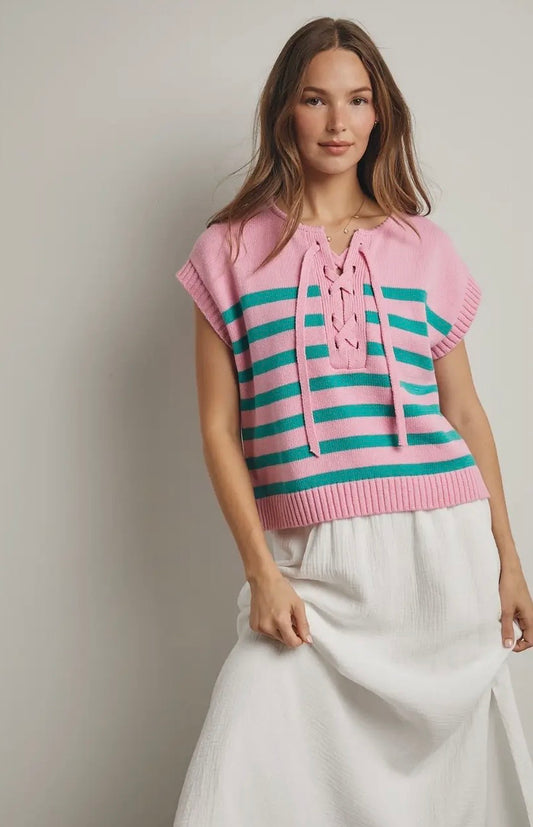 Striped Front Tie Sweater Top Pink + Green