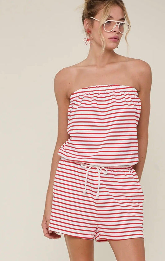 Red + White Strapless Romper