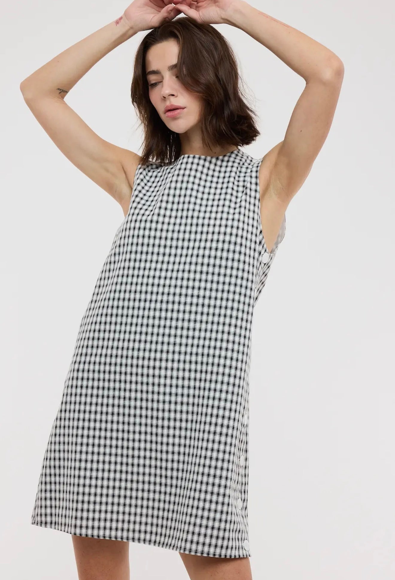 Black + White Plaid Button Dress