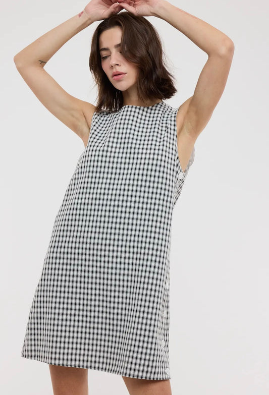 Black + White Plaid Button Dress