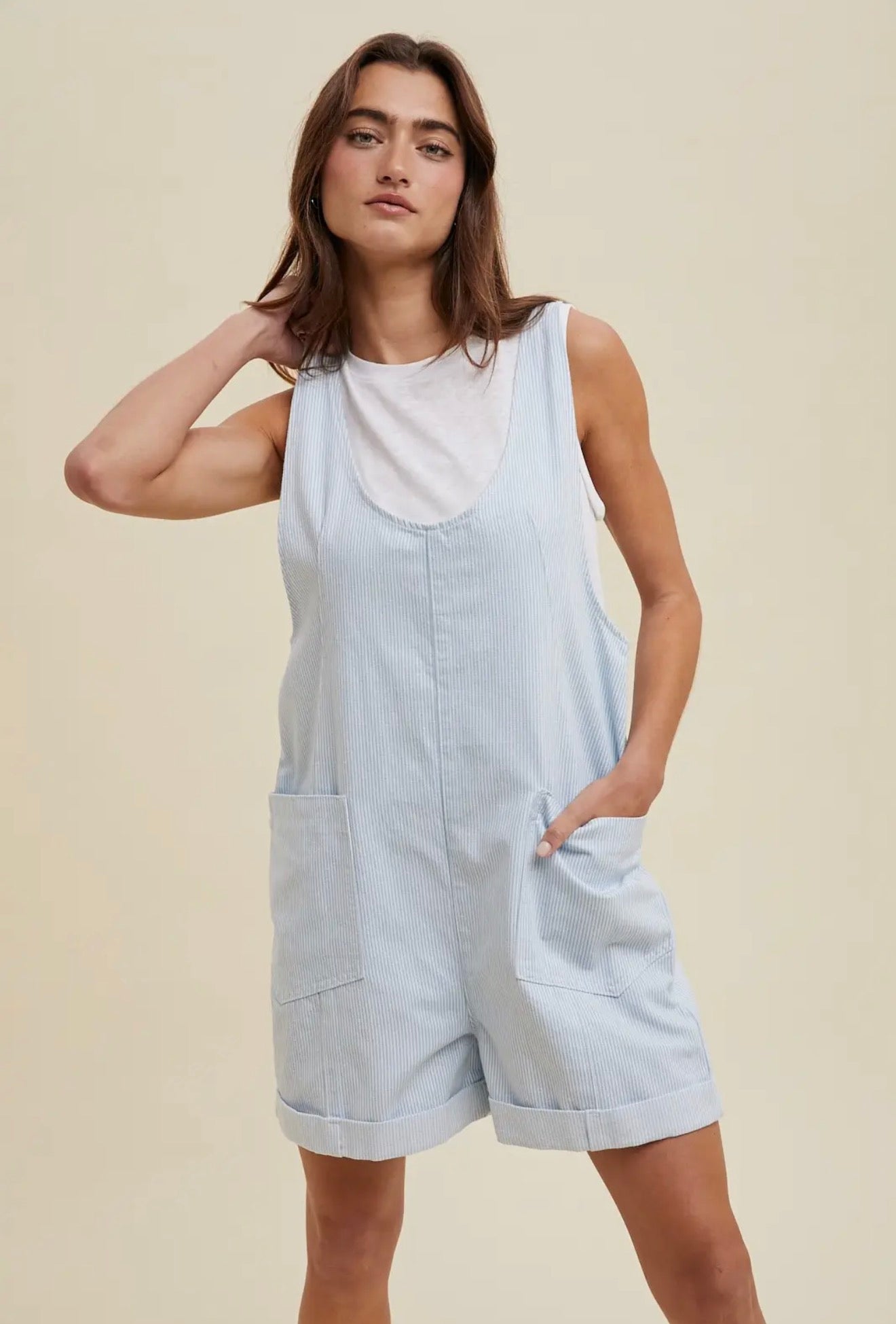 Blue Striped Short Overalls