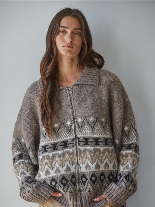 Heather Mocha Cream Zip Sweater