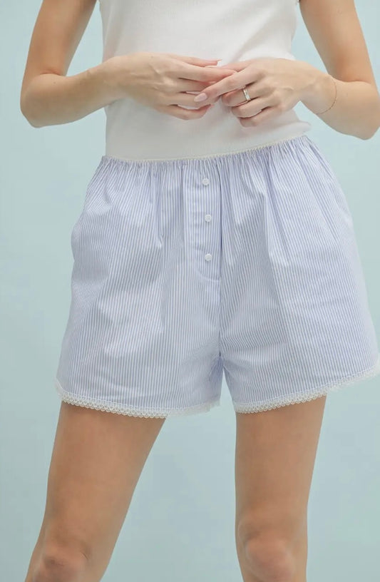 Stripped Lace Detail Shorts Blue