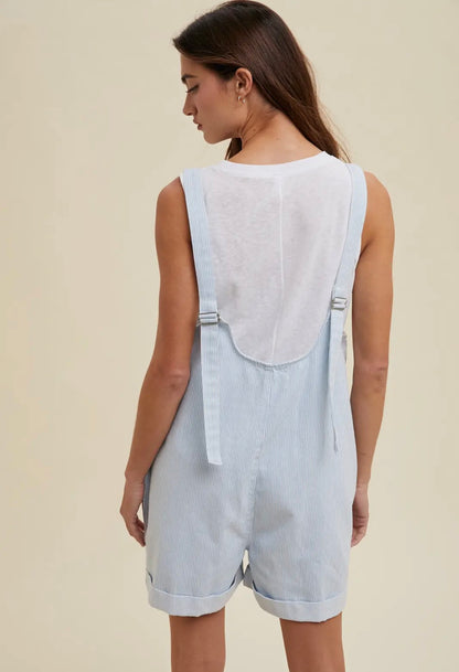 Blue Striped Short Overalls