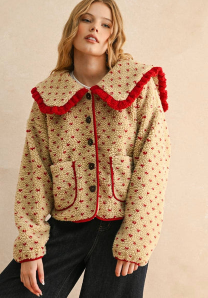 Button Sherpa Collard Jacket Red