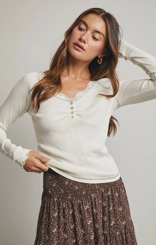 Vanilla Ribbed Knit Top w/ Lace Trim
