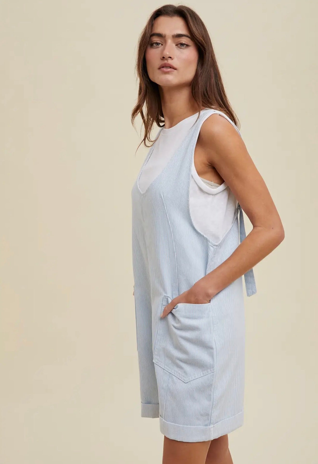 Blue Striped Short Overalls