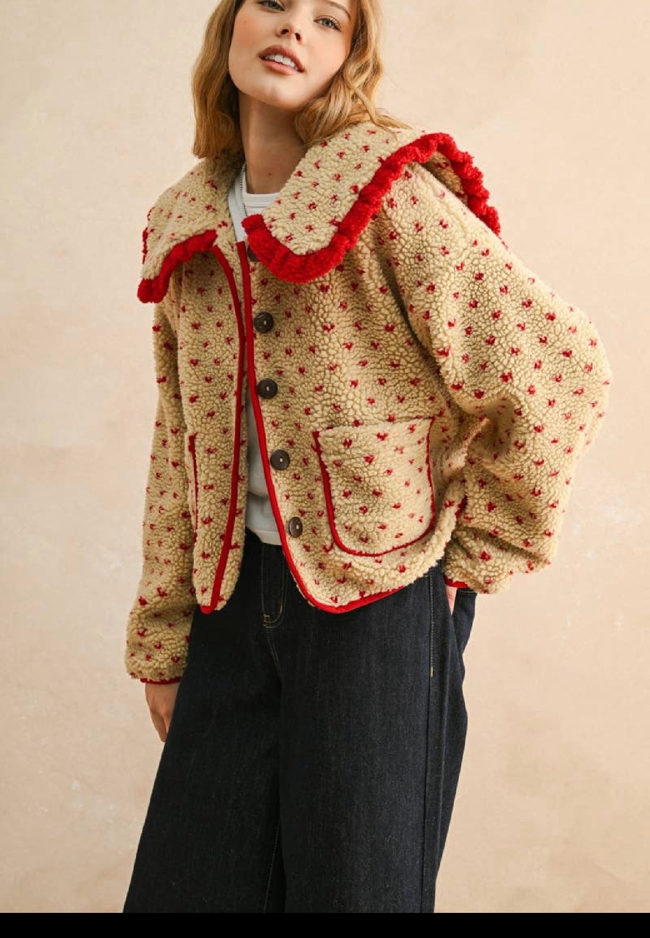 Button Sherpa Collard Jacket Red