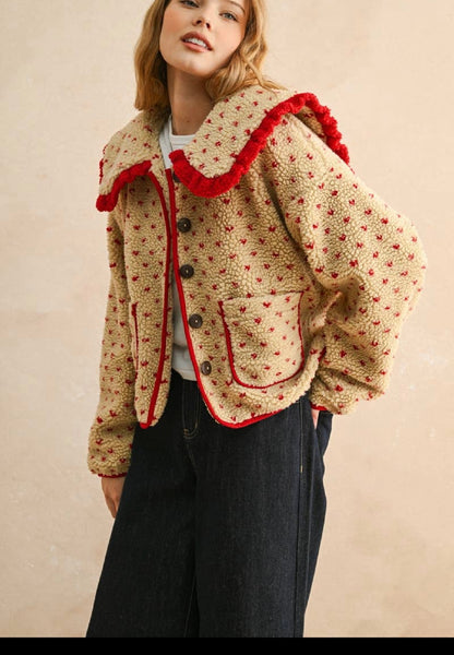 Button Sherpa Collard Jacket Red