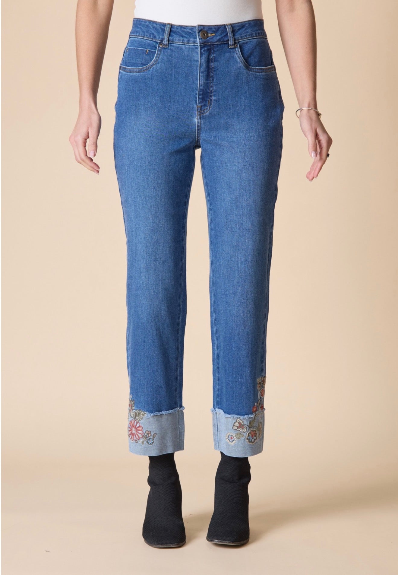 Stretch Denim Embroidered Cuff Denim