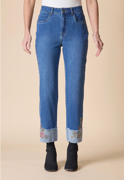 Stretch Denim Embroidered Cuff Denim