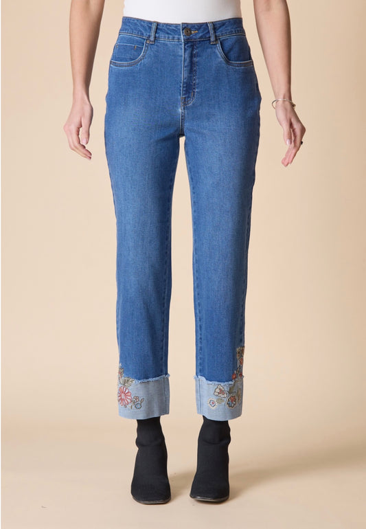 Stretch Denim Embroidered Cuff Denim