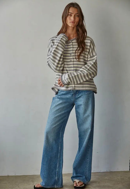 Knit Striped Sweater Cardigan Grey