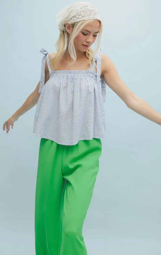 Floral Gingham Tie Tank Blue/Peach