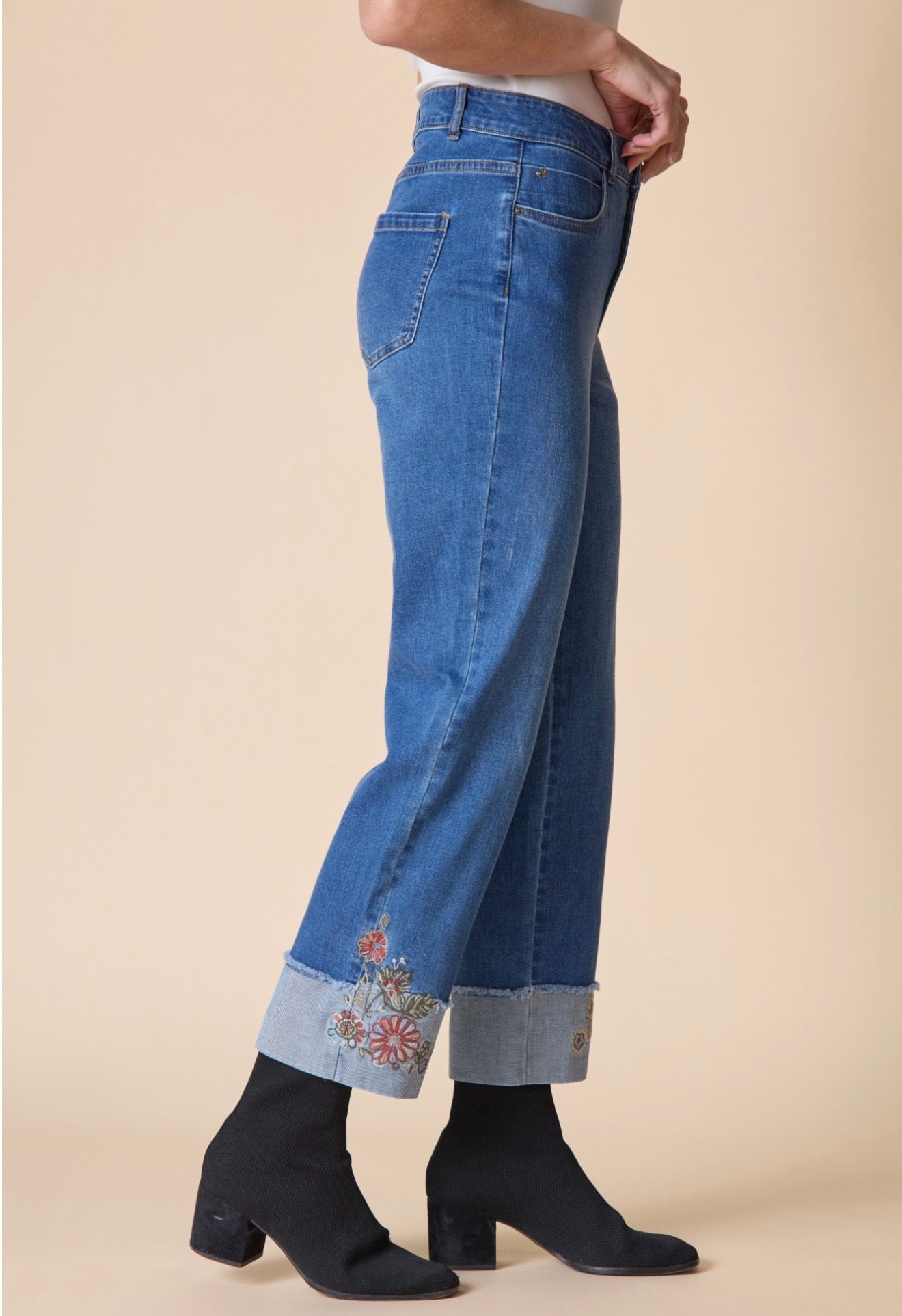 Stretch Denim Embroidered Cuff Denim