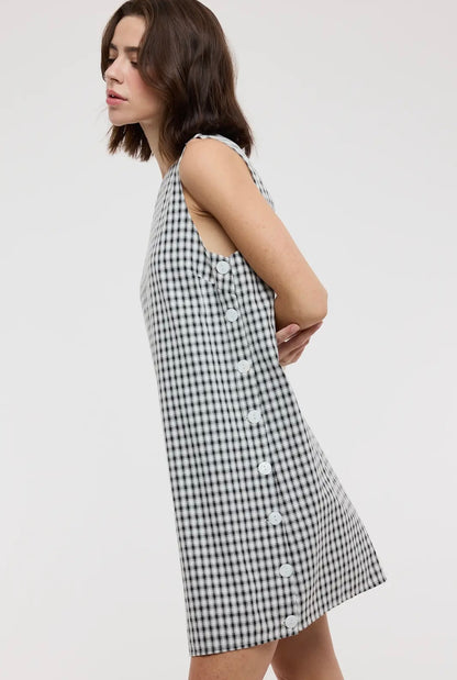Black + White Plaid Button Dress