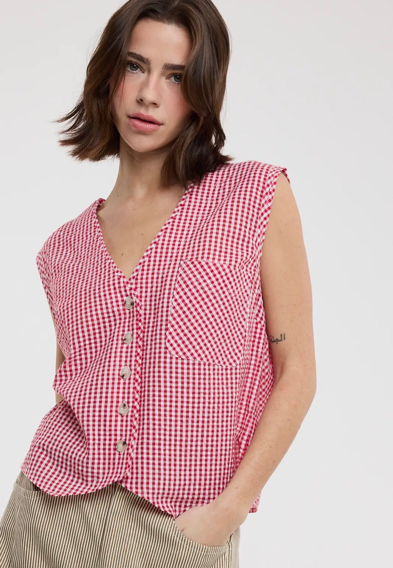 Gingham Button Up Tank Red