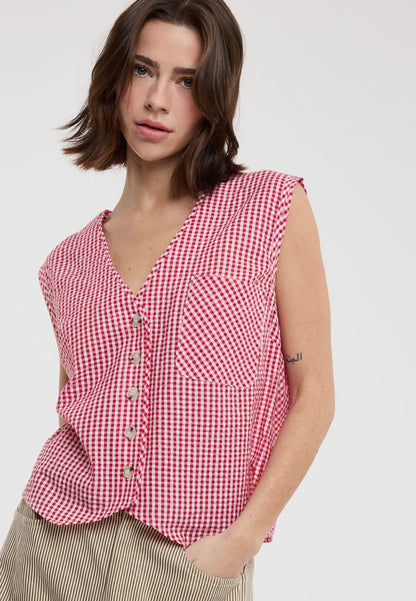 Gingham Button Up Tank Red