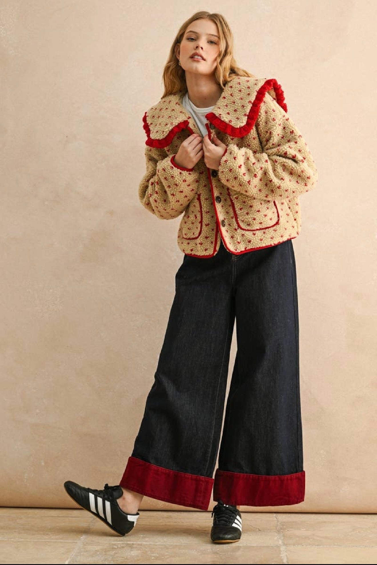 Button Sherpa Collard Jacket Red