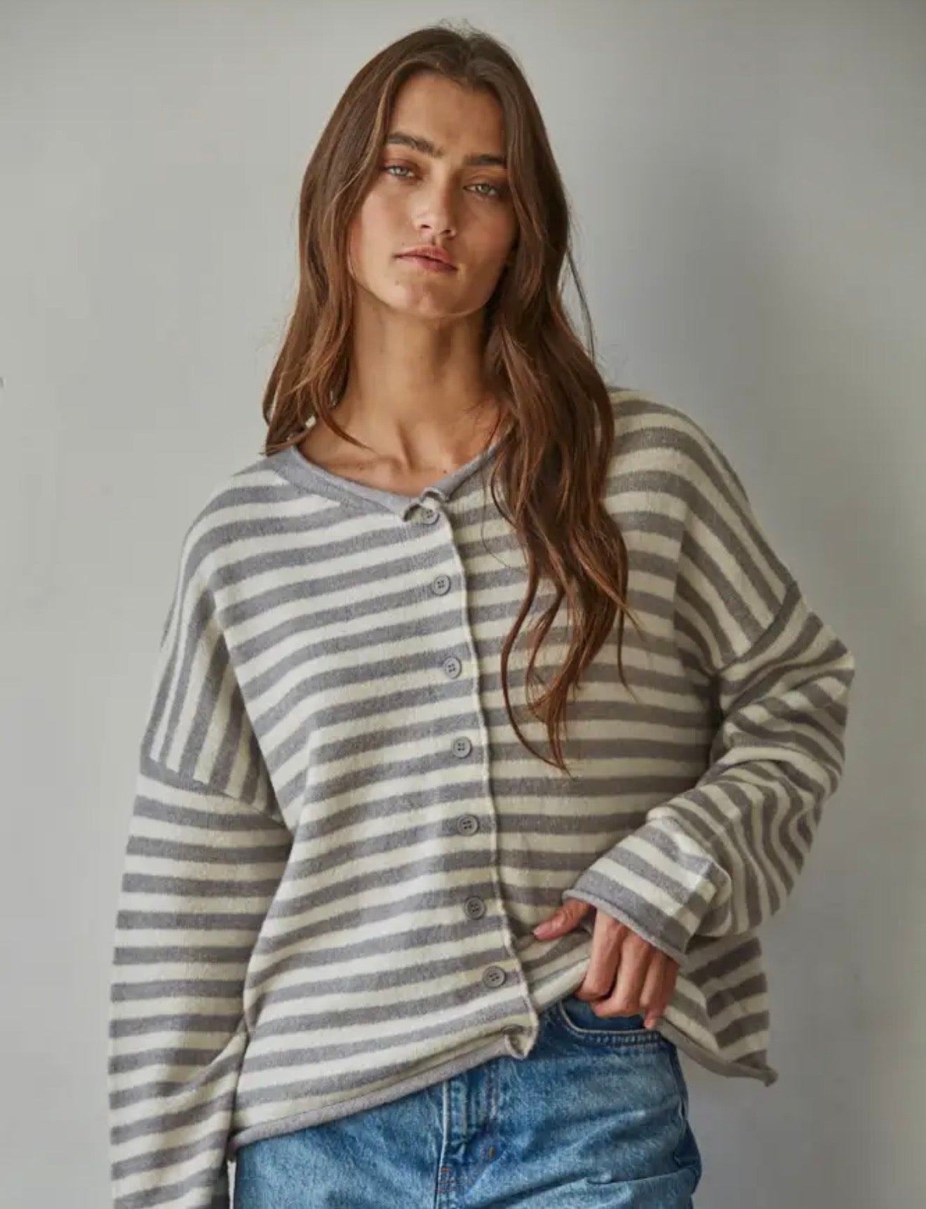 Knit Striped Sweater Cardigan Grey