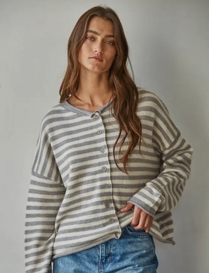 Knit Striped Sweater Cardigan Grey