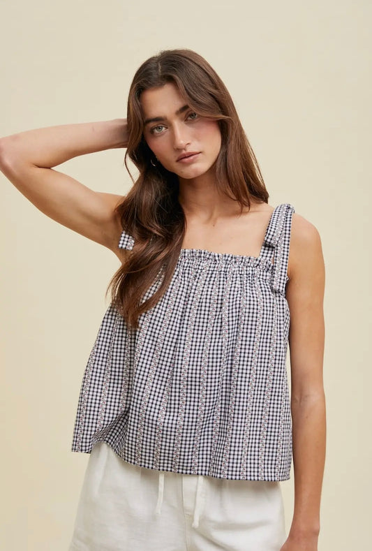 Floral Gingham Tie Tank Navy/Red