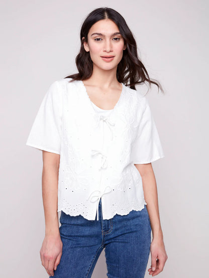 Embroidery Front Tie Blouse