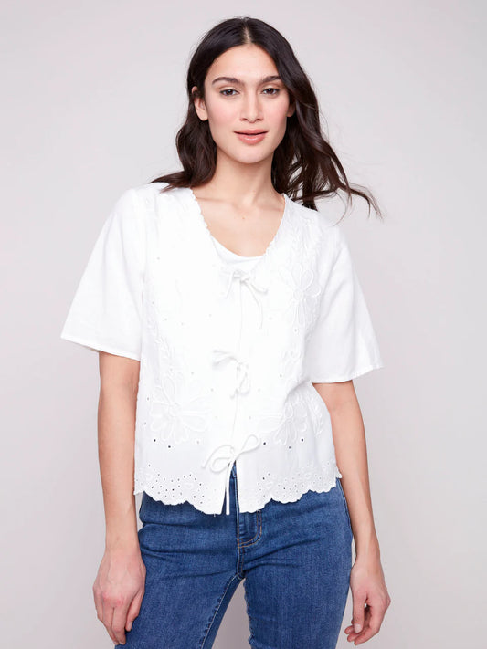 Embroidery Front Tie Blouse