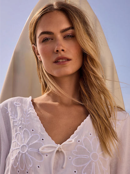 Embroidery Front Tie Blouse