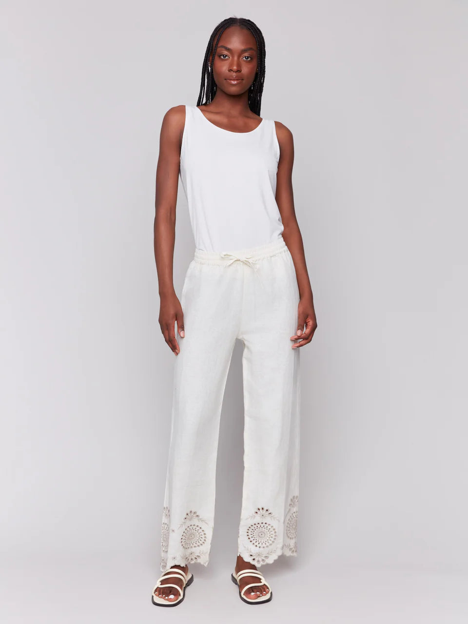 Pull On Linen Pant Flower Embroidered