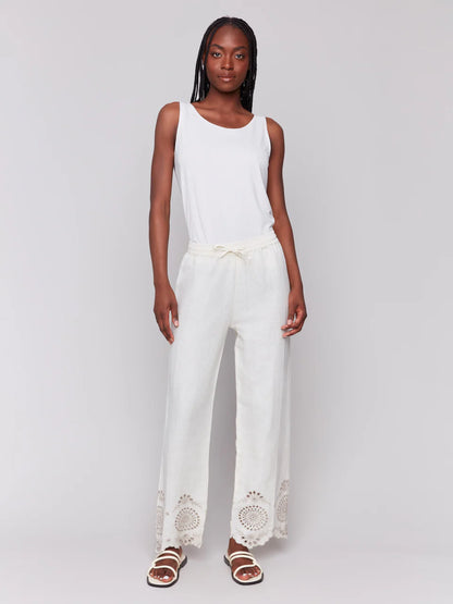 Pull On Linen Pant Flower Embroidered
