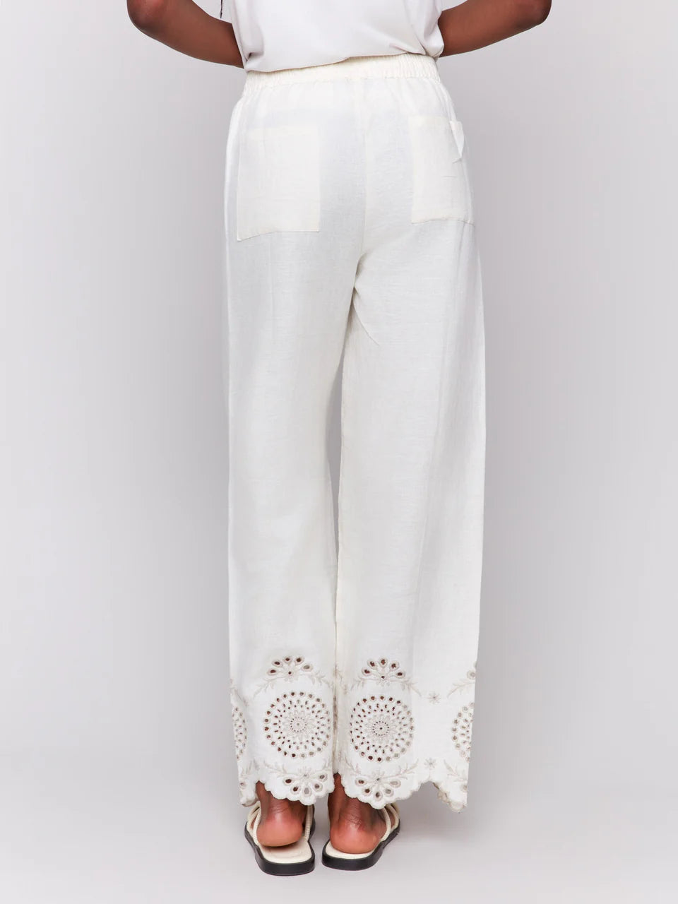 Pull On Linen Pant Flower Embroidered