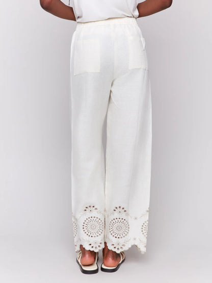 Pull On Linen Pant Flower Embroidered