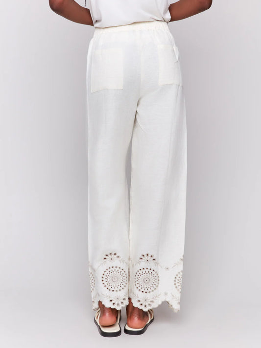 Pull On Linen Pant Flower Embroidered