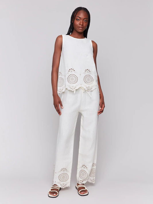 Sleeveless Linen Top Flower Embroidered