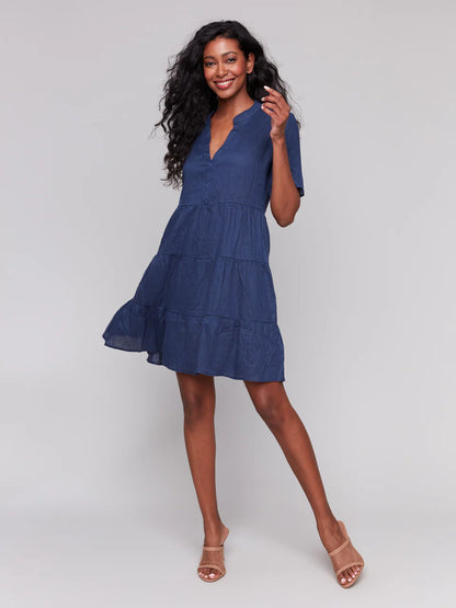 Tiered Linen Dress Navy