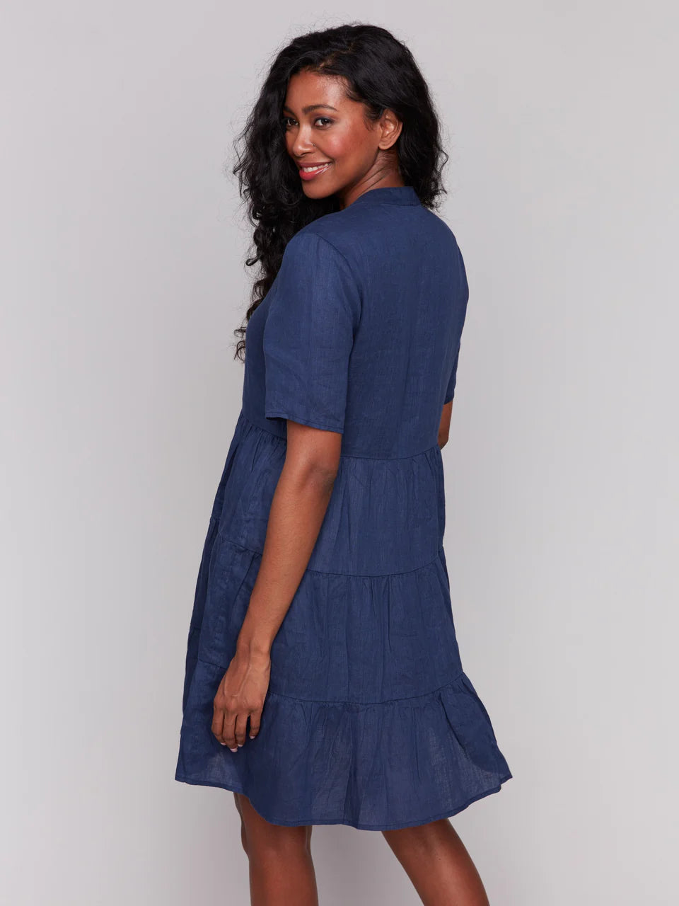 Tiered Linen Dress Navy