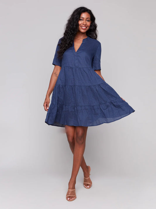 Tiered Linen Dress Navy