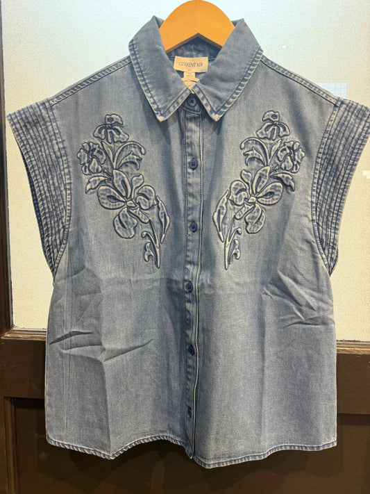 Washed Denim Floral Blouse