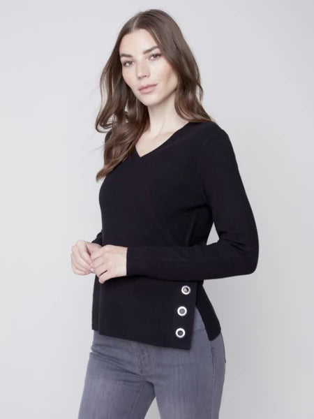 V Neck Sweater w/ side slit and eyelet details