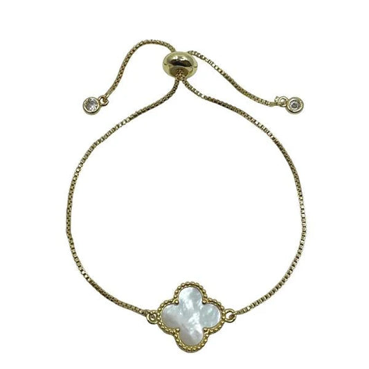 Clover Charm on Plated Gold Pull Chain Bracelet: Mother of Pearl