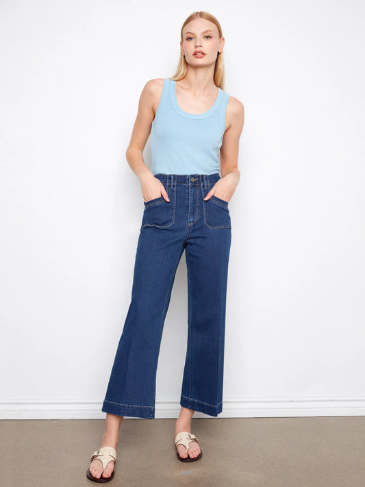 Cropped Wide Leg Stretch Jeans - Indigo
