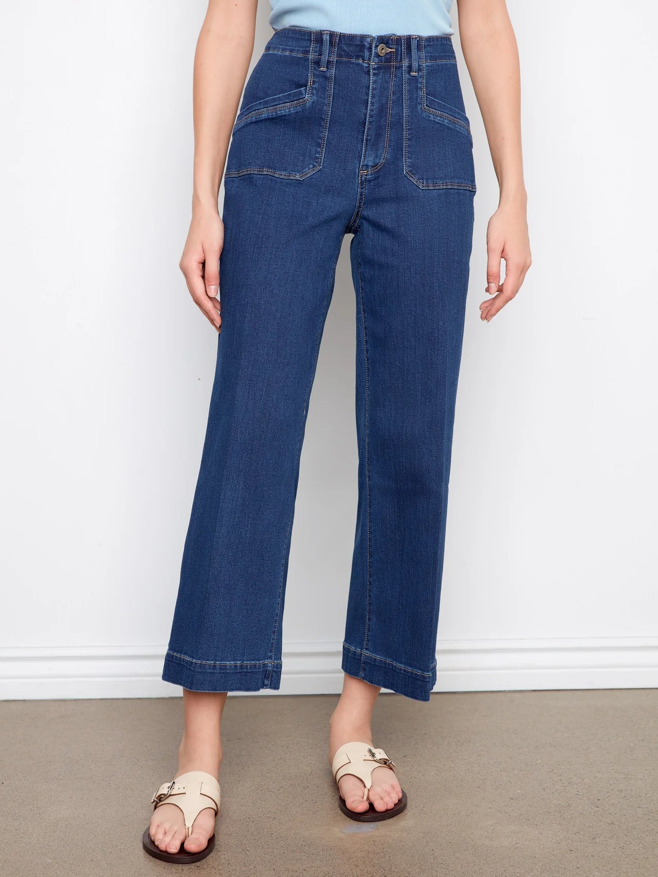 Cropped Wide Leg Stretch Jeans - Indigo